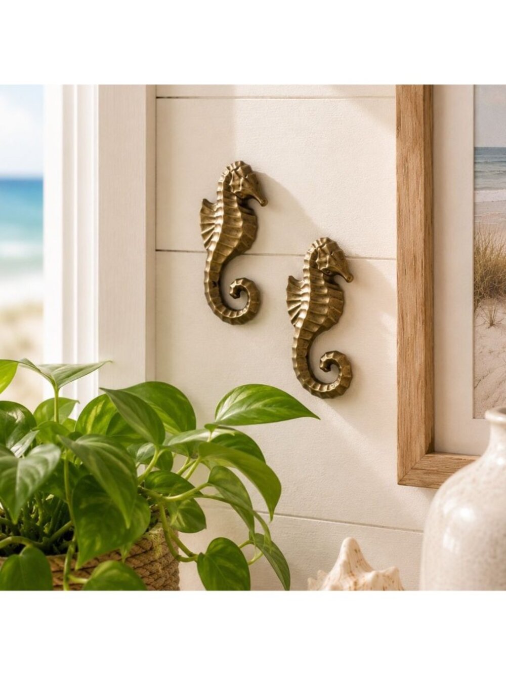 Vintage Brass Seahorse Wall Decor Set Coastal Beach Nautical Art Pair